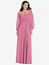 Alt View 1 Thumbnail - Orchid Pink Off-the-Shoulder Puff Sleeve Maxi Dress with Front Slit