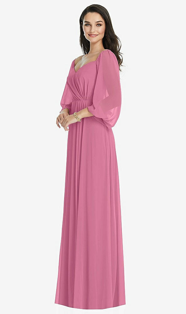 Front View - Orchid Pink Off-the-Shoulder Puff Sleeve Maxi Dress with Front Slit