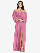 Side View Thumbnail - Orchid Pink Off-the-Shoulder Puff Sleeve Maxi Dress with Front Slit