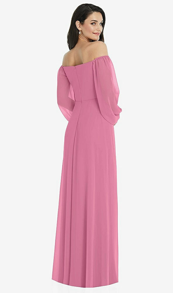 Back View - Orchid Pink Off-the-Shoulder Puff Sleeve Maxi Dress with Front Slit