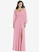 Alt View 1 Thumbnail - Peony Pink Off-the-Shoulder Puff Sleeve Maxi Dress with Front Slit
