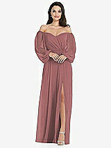 Side View Thumbnail - Rosewood Off-the-Shoulder Puff Sleeve Maxi Dress with Front Slit