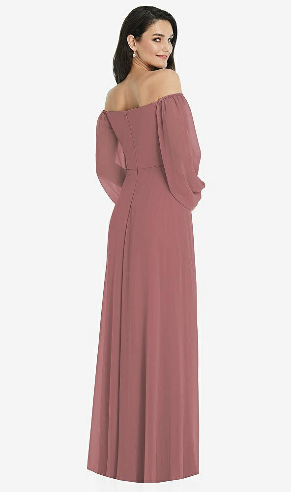 Back View - Rosewood Off-the-Shoulder Puff Sleeve Maxi Dress with Front Slit