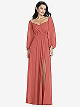 Alt View 1 Thumbnail - Coral Pink Off-the-Shoulder Puff Sleeve Maxi Dress with Front Slit