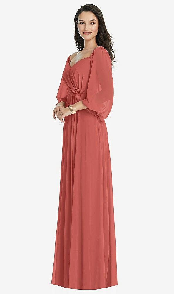Front View - Coral Pink Off-the-Shoulder Puff Sleeve Maxi Dress with Front Slit