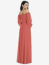 Rear View Thumbnail - Coral Pink Off-the-Shoulder Puff Sleeve Maxi Dress with Front Slit