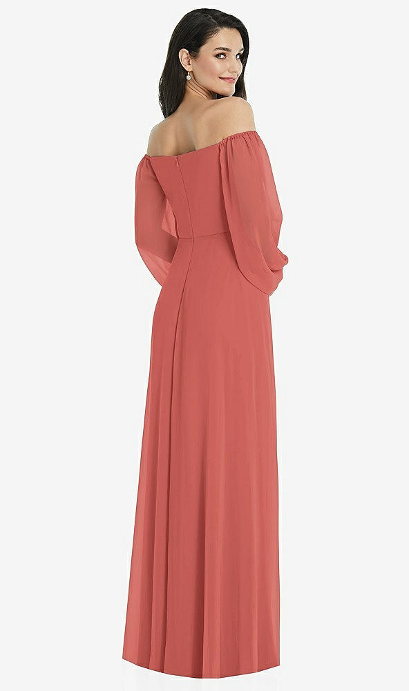 Back View - Coral Pink Off-the-Shoulder Puff Sleeve Maxi Dress with Front Slit