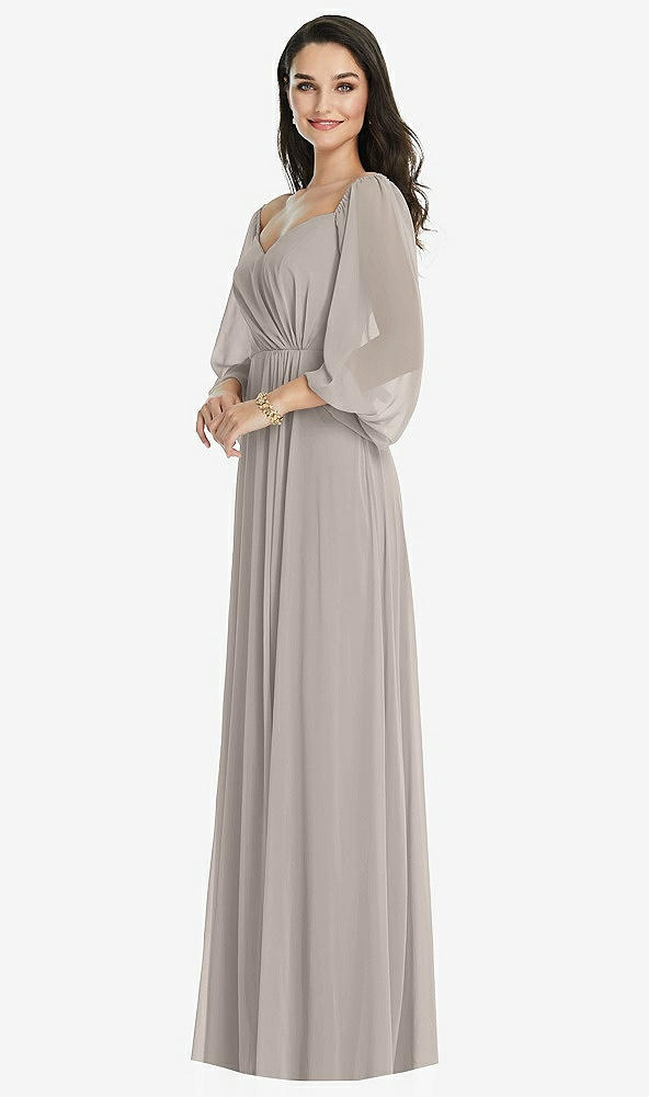 Front View - Taupe Off-the-Shoulder Puff Sleeve Maxi Dress with Front Slit