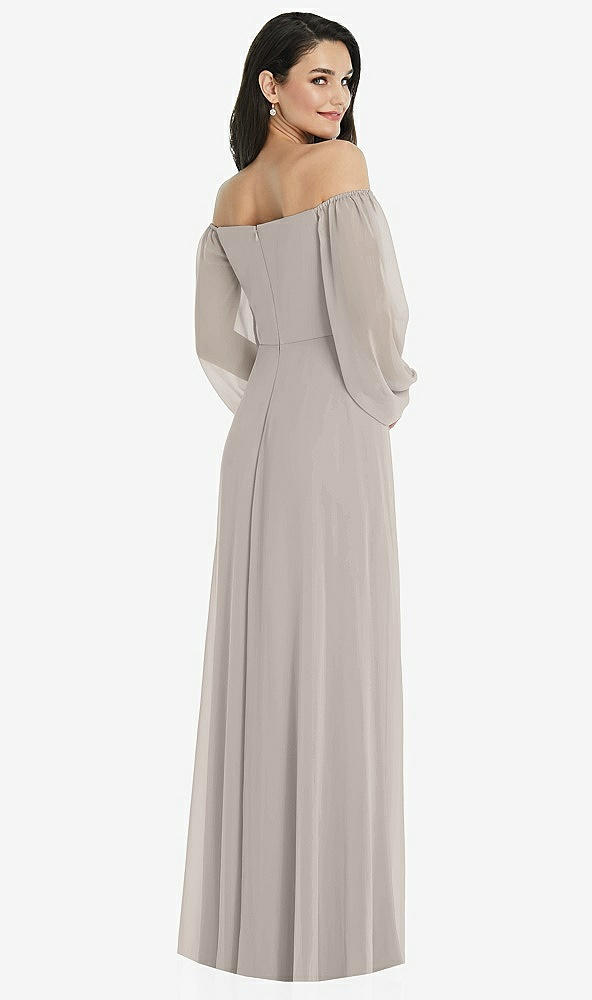 Back View - Taupe Off-the-Shoulder Puff Sleeve Maxi Dress with Front Slit