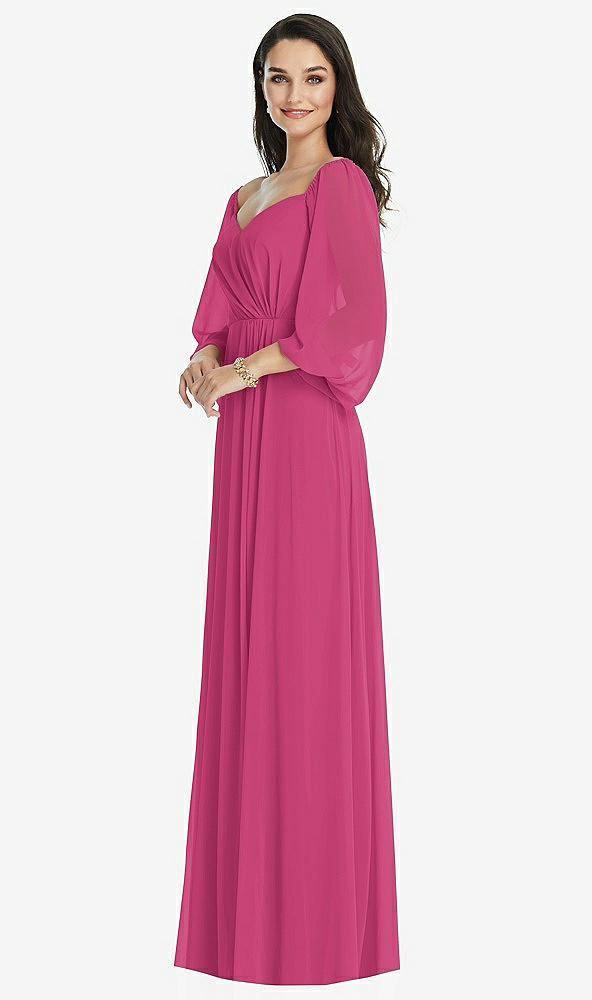 Front View - Tea Rose Off-the-Shoulder Puff Sleeve Maxi Dress with Front Slit