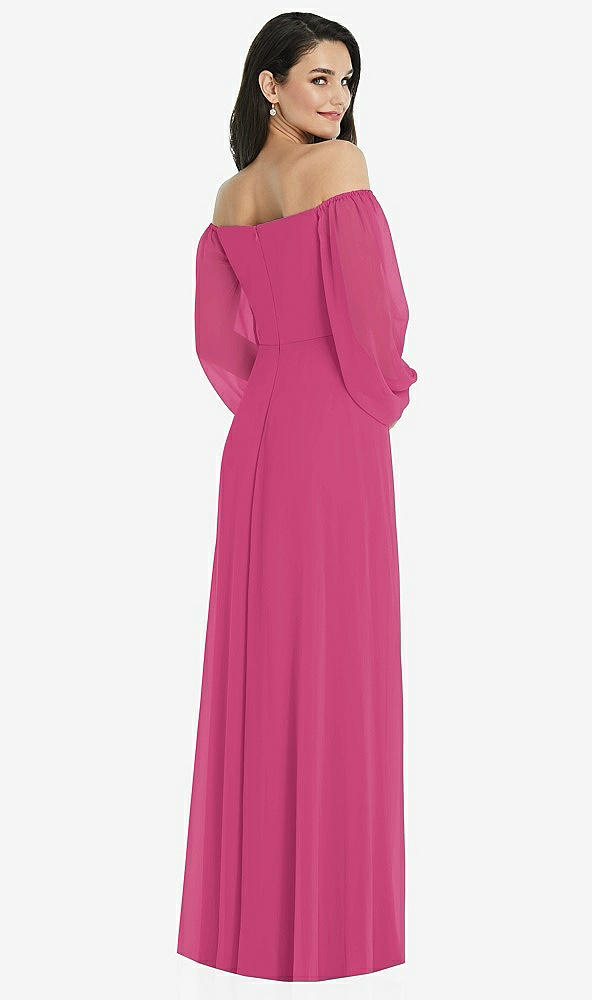 Back View - Tea Rose Off-the-Shoulder Puff Sleeve Maxi Dress with Front Slit