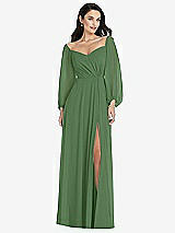 Alt View 1 Thumbnail - Vineyard Green Off-the-Shoulder Puff Sleeve Maxi Dress with Front Slit