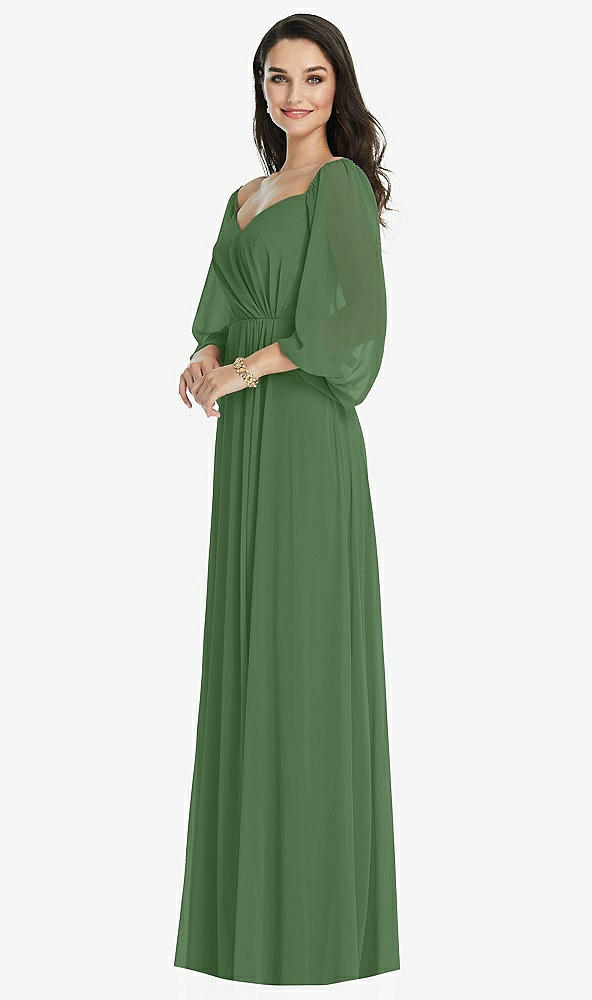 Front View - Vineyard Green Off-the-Shoulder Puff Sleeve Maxi Dress with Front Slit