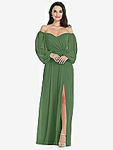 Side View Thumbnail - Vineyard Green Off-the-Shoulder Puff Sleeve Maxi Dress with Front Slit
