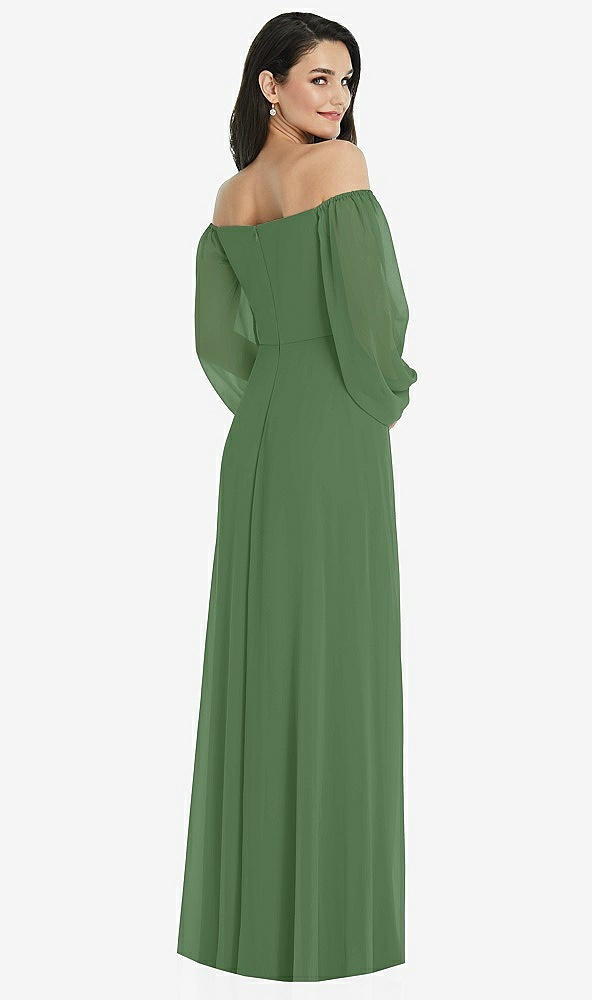 Back View - Vineyard Green Off-the-Shoulder Puff Sleeve Maxi Dress with Front Slit