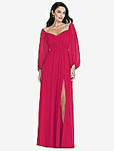 Alt View 1 Thumbnail - Vivid Pink Off-the-Shoulder Puff Sleeve Maxi Dress with Front Slit