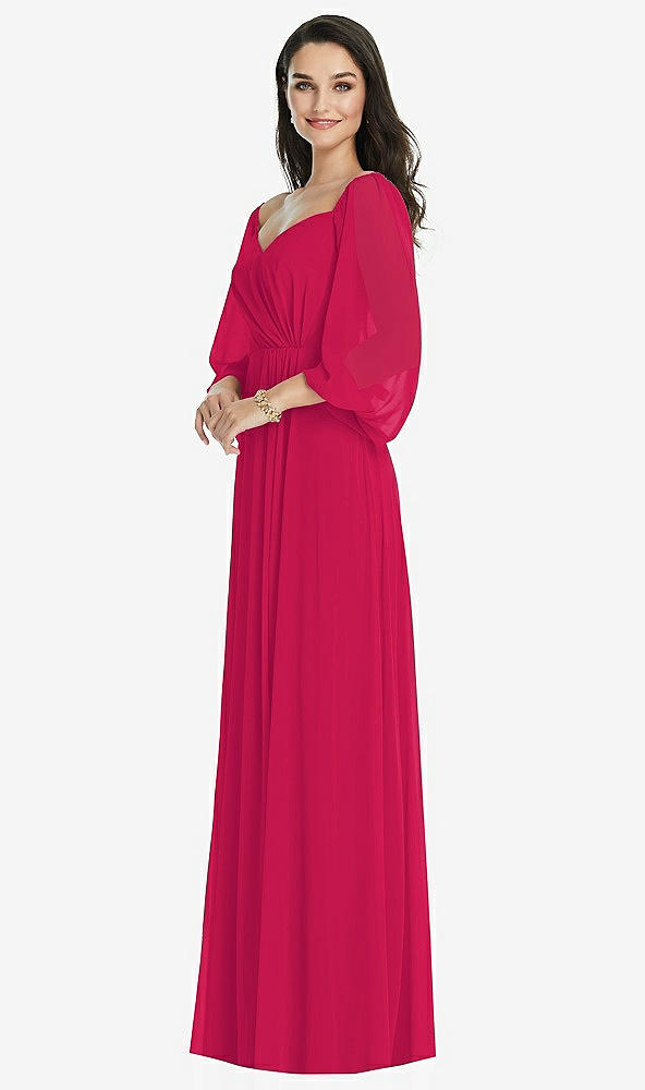 Front View - Vivid Pink Off-the-Shoulder Puff Sleeve Maxi Dress with Front Slit