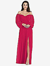 Side View Thumbnail - Vivid Pink Off-the-Shoulder Puff Sleeve Maxi Dress with Front Slit