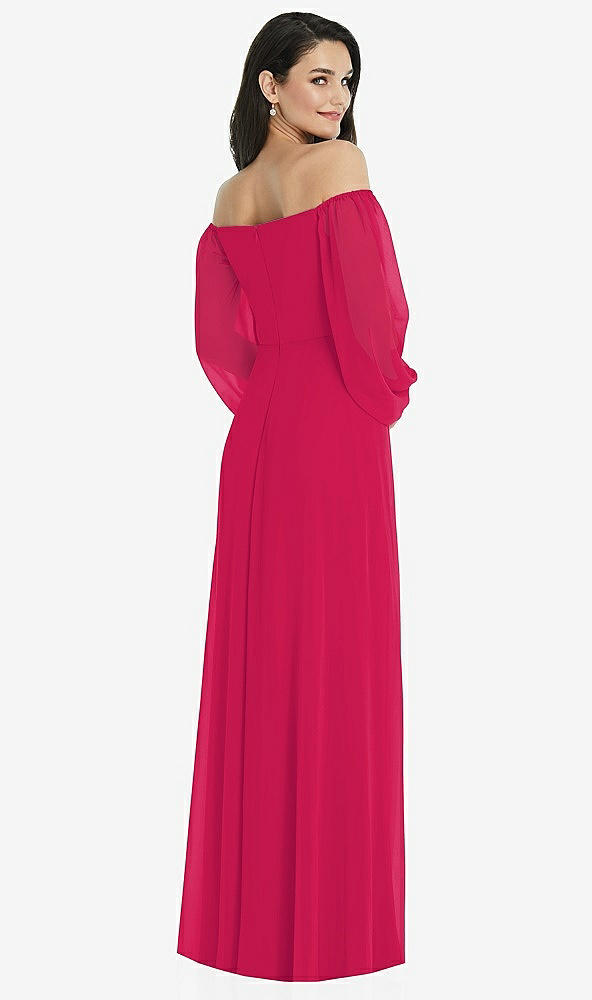 Back View - Vivid Pink Off-the-Shoulder Puff Sleeve Maxi Dress with Front Slit