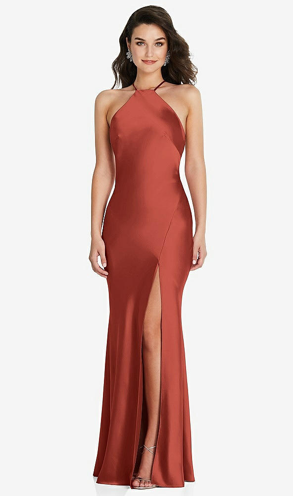 Front View - Amber Sunset Halter Convertible Strap Bias Slip Dress With Front Slit