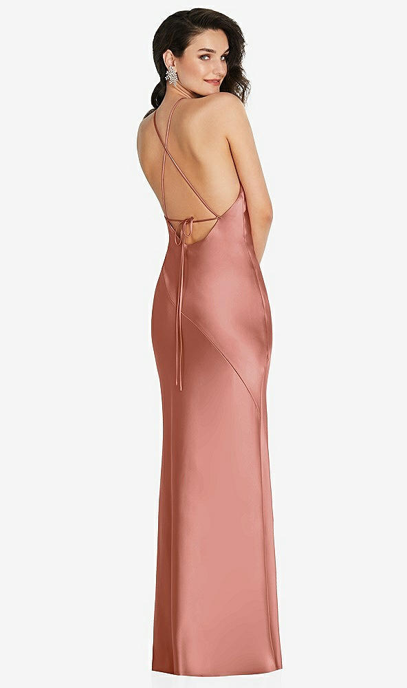 Back View - Desert Rose Halter Convertible Strap Bias Slip Dress With Front Slit