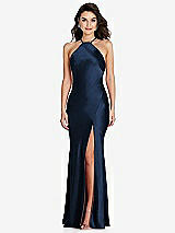 Front View Thumbnail - Midnight Navy Halter Convertible Strap Bias Slip Dress With Front Slit
