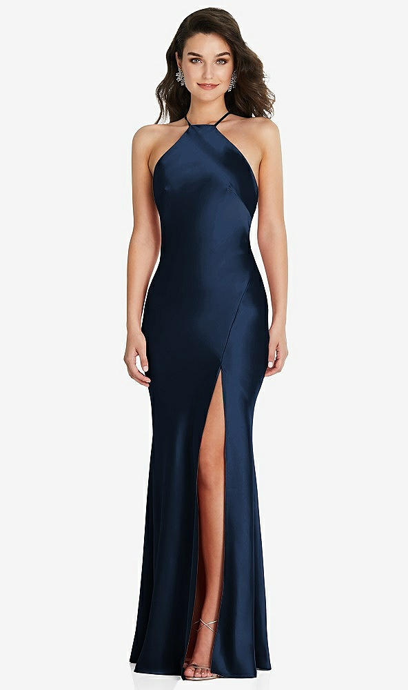 Front View - Midnight Navy Halter Convertible Strap Bias Slip Dress With Front Slit