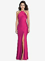 Front View Thumbnail - Think Pink Halter Convertible Strap Bias Slip Dress With Front Slit