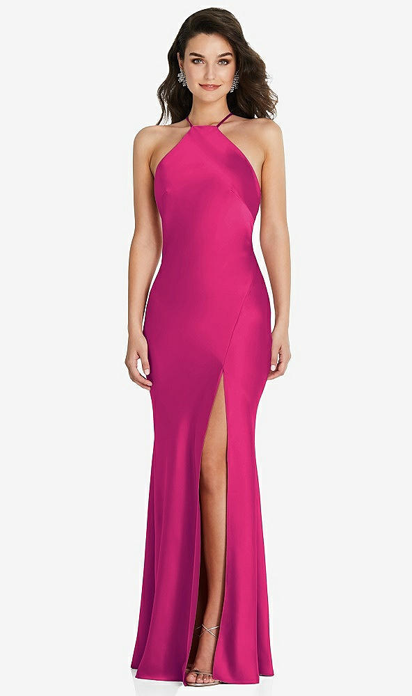 Front View - Think Pink Halter Convertible Strap Bias Slip Dress With Front Slit