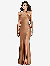 Front View Thumbnail - Toffee Halter Convertible Strap Bias Slip Dress With Front Slit