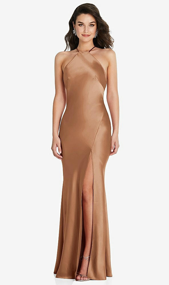 Front View - Toffee Halter Convertible Strap Bias Slip Dress With Front Slit