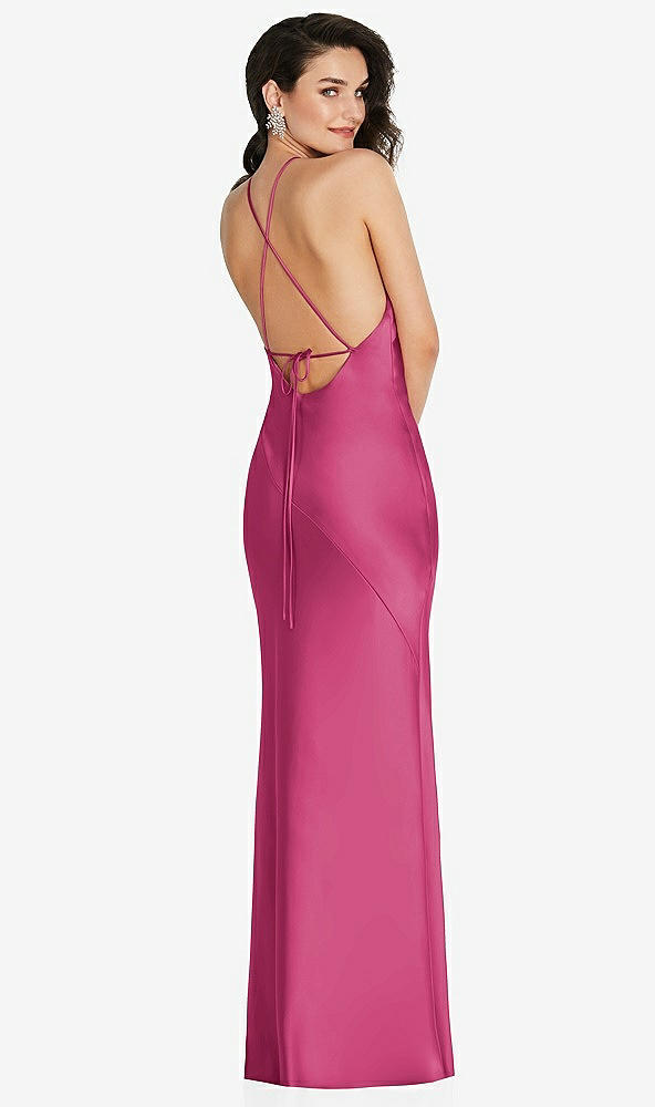 Back View - Tea Rose Halter Convertible Strap Bias Slip Dress With Front Slit