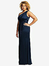Side View Thumbnail - Midnight Navy One-Shoulder Draped Twist Empire Waist Trumpet Gown