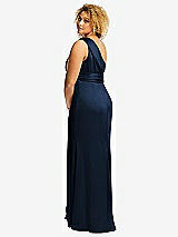 Rear View Thumbnail - Midnight Navy One-Shoulder Draped Twist Empire Waist Trumpet Gown