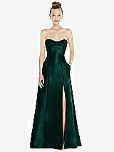 Front View Thumbnail - Evergreen Bow Cuff Strapless Satin Ball Gown with Pockets