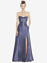 Front View Thumbnail - French Blue Bow Cuff Strapless Satin Ball Gown with Pockets