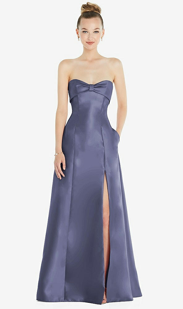 Front View - French Blue Bow Cuff Strapless Satin Ball Gown with Pockets