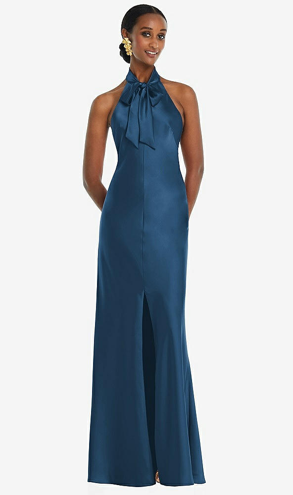 Front View - Dusk Blue Scarf Tie Stand Collar Maxi Dress with Front Slit