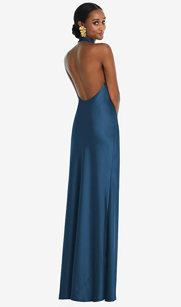 Back View - Dusk Blue Scarf Tie Stand Collar Maxi Dress with Front Slit