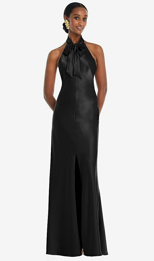Front View - Black Scarf Tie Stand Collar Maxi Dress with Front Slit