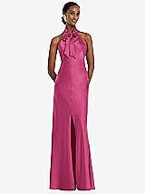 Front View Thumbnail - Tea Rose Scarf Tie Stand Collar Maxi Dress with Front Slit