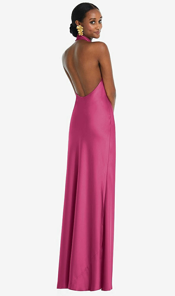 Back View - Tea Rose Scarf Tie Stand Collar Maxi Dress with Front Slit