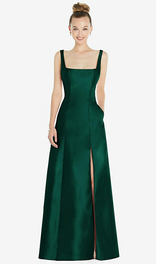Front View - Hunter Green Sleeveless Square-Neck Princess Line Gown with Pockets