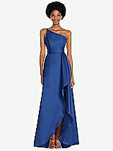 Alt View 1 Thumbnail - Classic Blue One-Shoulder Satin Gown with Draped Front Slit and Pockets