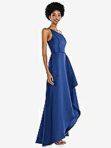 Alt View 2 Thumbnail - Classic Blue One-Shoulder Satin Gown with Draped Front Slit and Pockets