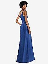 Alt View 3 Thumbnail - Classic Blue One-Shoulder Satin Gown with Draped Front Slit and Pockets