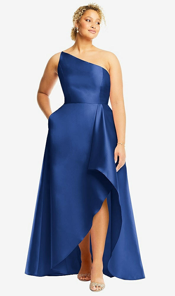 Front View - Classic Blue One-Shoulder Satin Gown with Draped Front Slit and Pockets