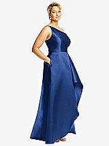 Side View Thumbnail - Classic Blue One-Shoulder Satin Gown with Draped Front Slit and Pockets