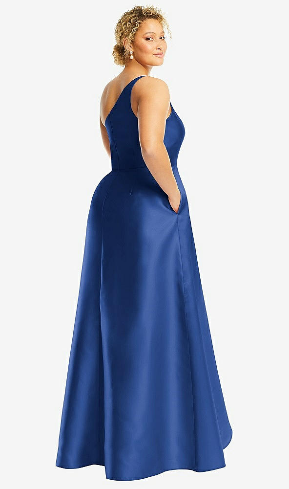 Back View - Classic Blue One-Shoulder Satin Gown with Draped Front Slit and Pockets