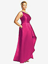 Side View Thumbnail - Think Pink One-Shoulder Satin Gown with Draped Front Slit and Pockets